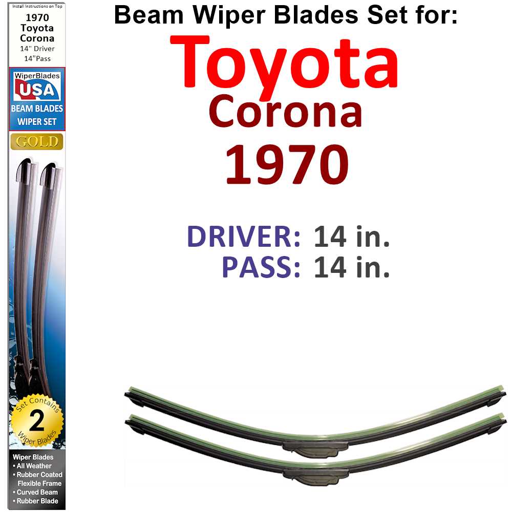 Set of 2 Beam Wiper Blades designed for 1970 Toyota Corona, showcasing their flexible and durable construction.