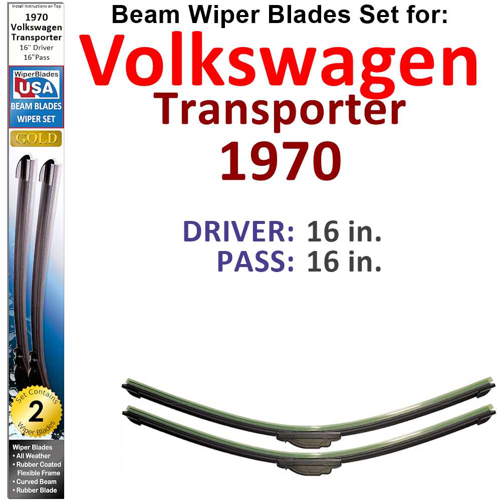 Set of two Beam Wiper Blades designed for 1970 Volkswagen Transporter, showcasing their flexible and durable construction.