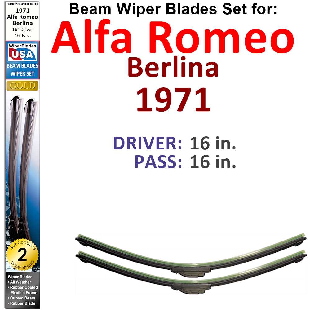 Set of two Beam Wiper Blades designed for 1971 Alfa Romeo Berlina, showcasing their flexible and durable construction.