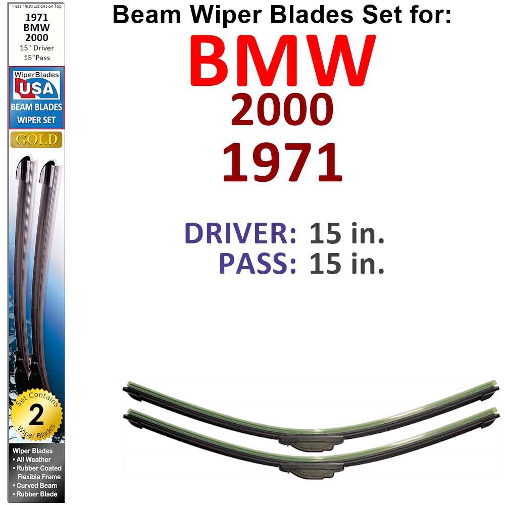 Set of two Beam Wiper Blades designed for 1971 BMW 2000, showcasing their sleek low-profile design and rubber-encased metal spine.