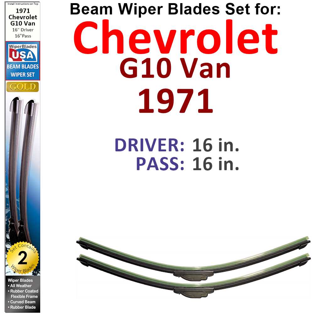 Set of 2 Beam Wiper Blades designed for 1971 Chevrolet G10 Van, showcasing their flexible and durable construction.