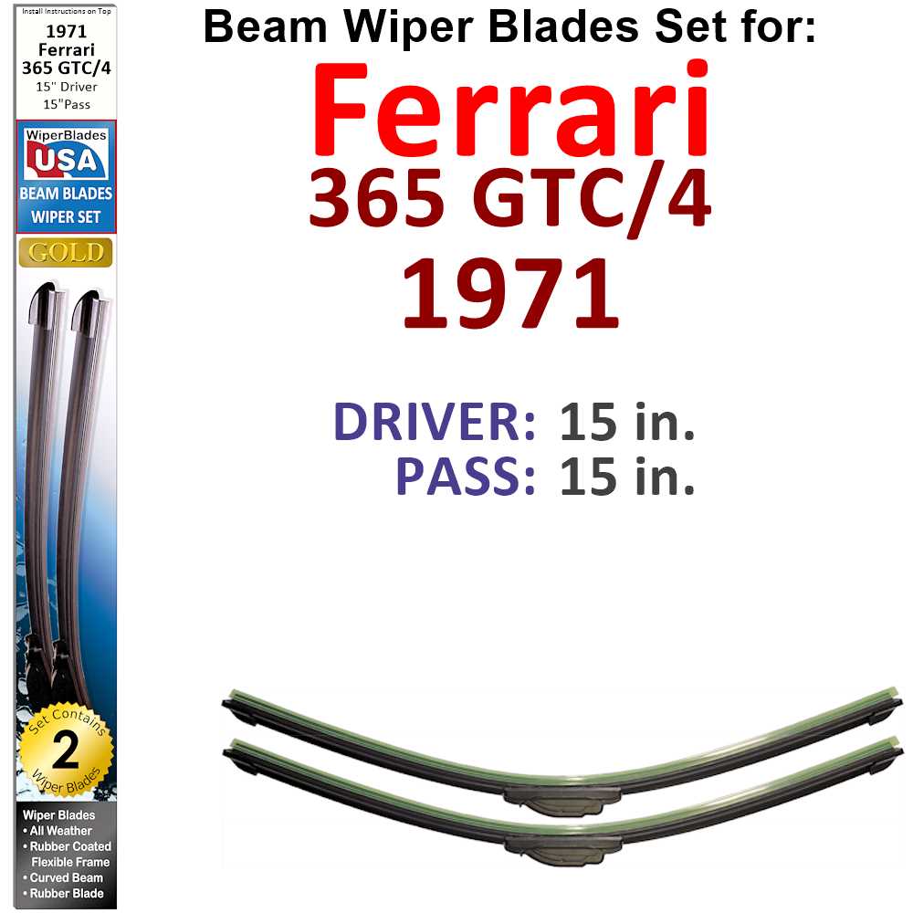 Set of two Beam Wiper Blades designed for 1971 Ferrari 365 GTC/4, showcasing their sleek low-profile design and durable construction.