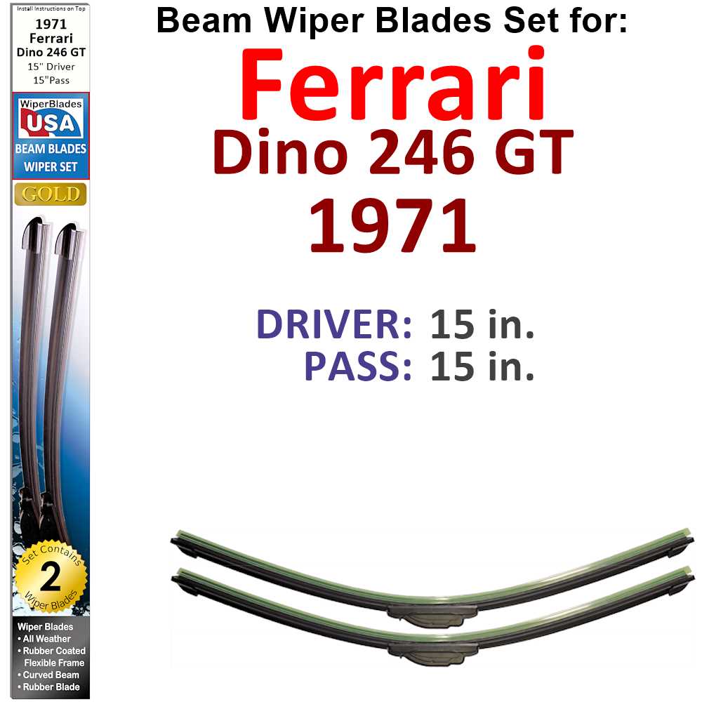 Set of 2 Beam Wiper Blades designed for 1971 Ferrari Dino 246 GT, showcasing their sleek design and durable construction.