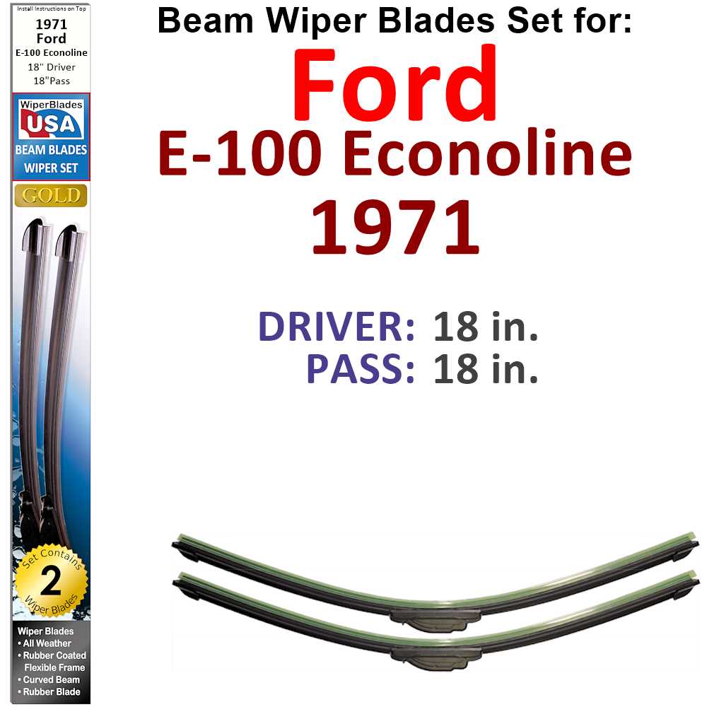 Set of 2 Beam Wiper Blades designed for 1971 Ford E-100 Econoline, showcasing their flexible and durable construction.