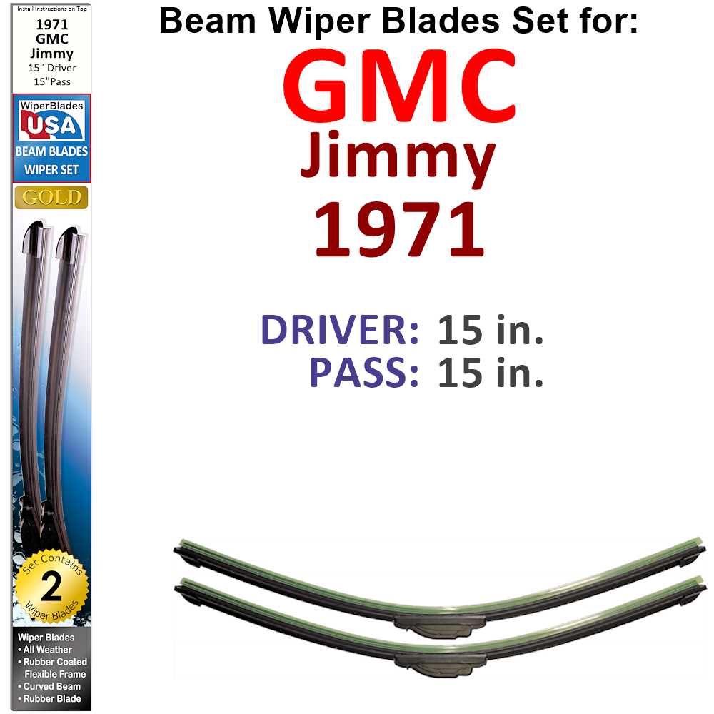 Set of 2 Beam Wiper Blades designed for 1971 GMC Jimmy, showcasing their flexible and durable construction.