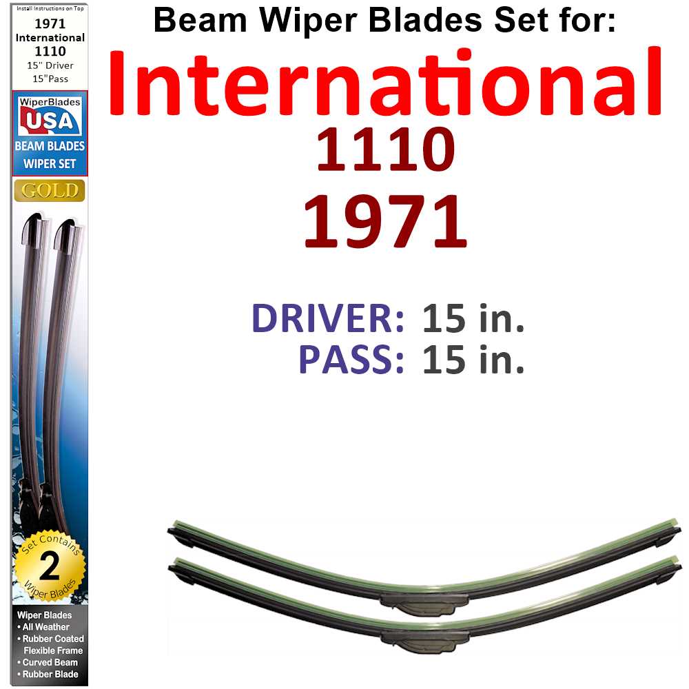 Set of two Beam Wiper Blades designed for 1971 International 1110, showcasing their low-profile and flexible design.