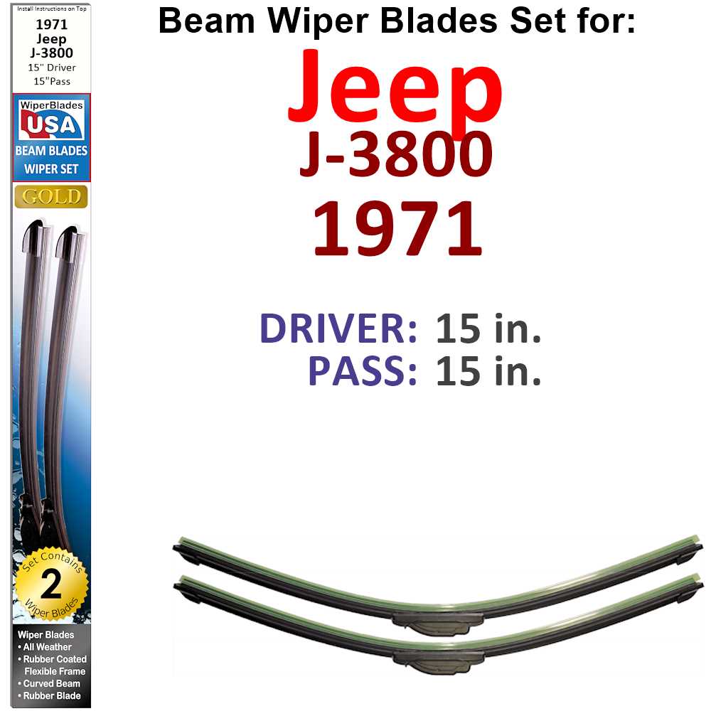 Set of two Beam Wiper Blades designed for 1971 Jeep J-3800, showcasing their flexible and durable construction.