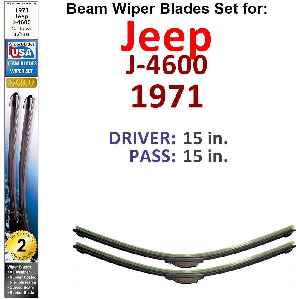 Set of two Beam Wiper Blades designed for 1971 Jeep J-4600, showcasing their flexible and durable construction.