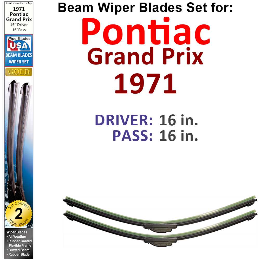 Set of two Beam Wiper Blades designed for 1971 Pontiac Grand Prix, showcasing their sleek low-profile design and durable rubber-encased metal spine.