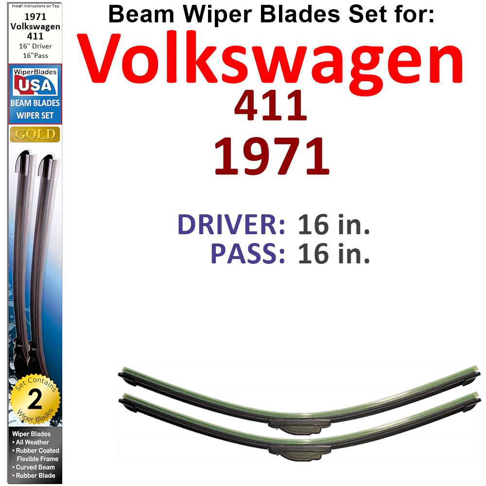 Set of 2 Beam Wiper Blades designed for 1971 Volkswagen 411, showcasing their flexible design and rubber-encased metal spine.