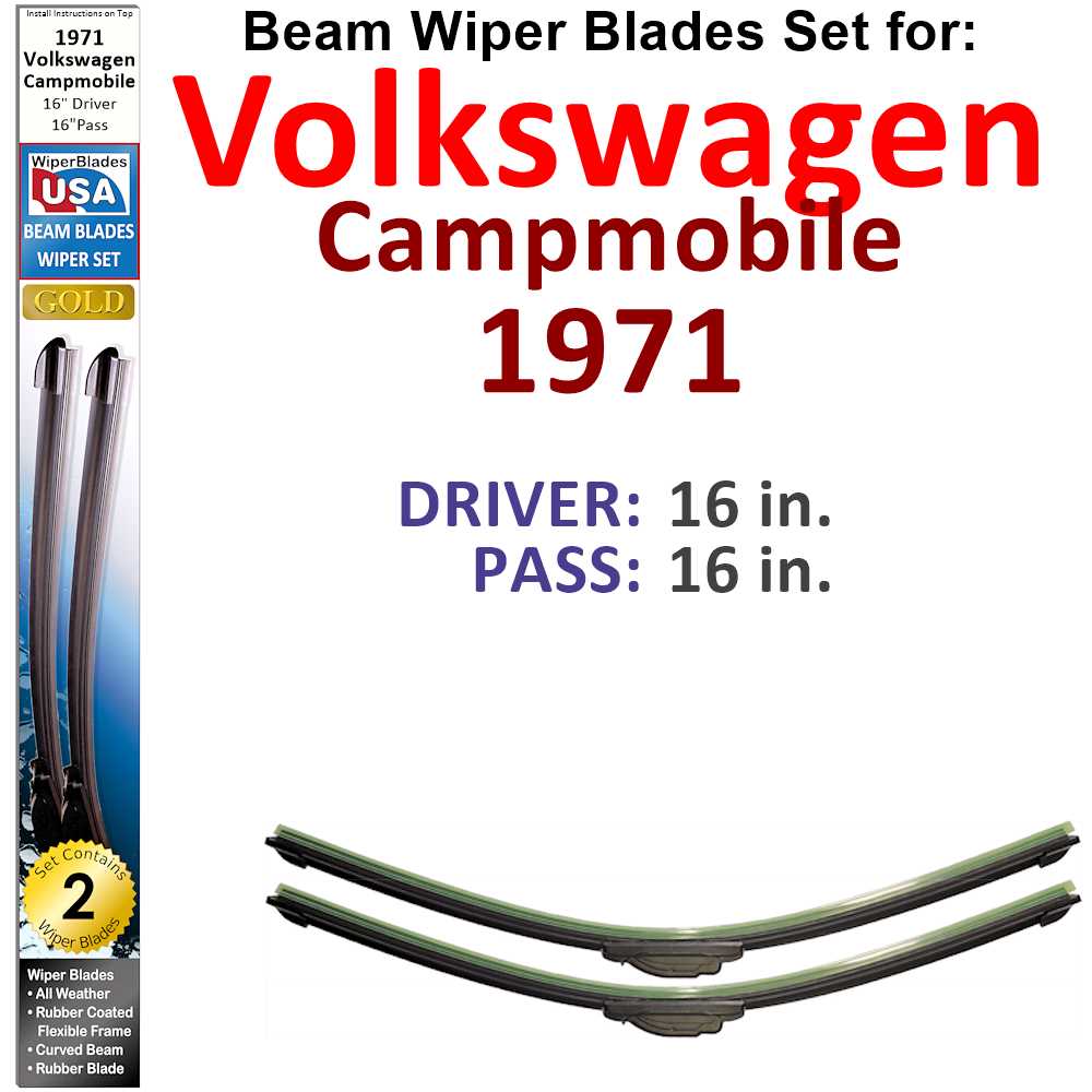 Set of two Beam Wiper Blades designed for 1971 Volkswagen Campmobile, showcasing their flexible and durable construction.