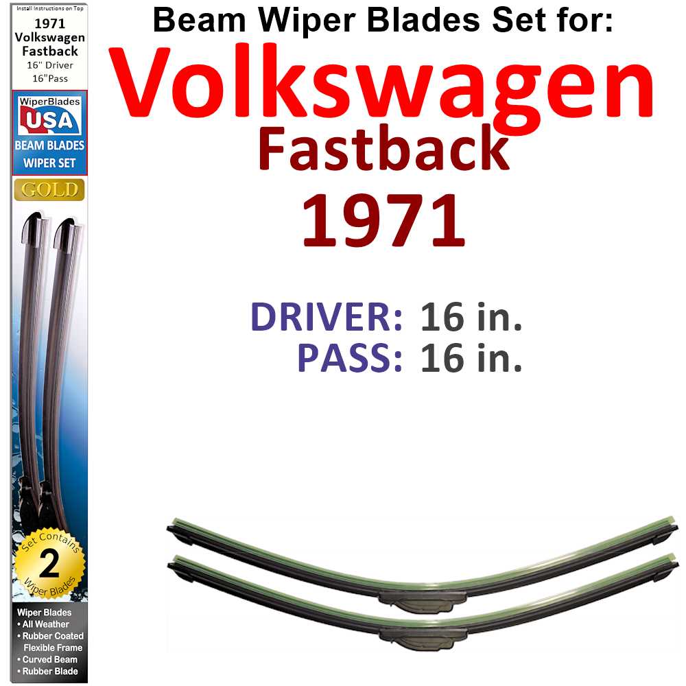 Set of two Beam Wiper Blades designed for 1971 Volkswagen Fastback, showcasing their flexible and durable construction.