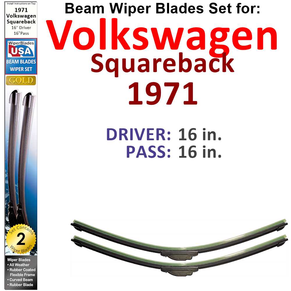 Set of 2 Beam Wiper Blades designed for 1971 Volkswagen Squareback, showcasing their flexible and durable design.