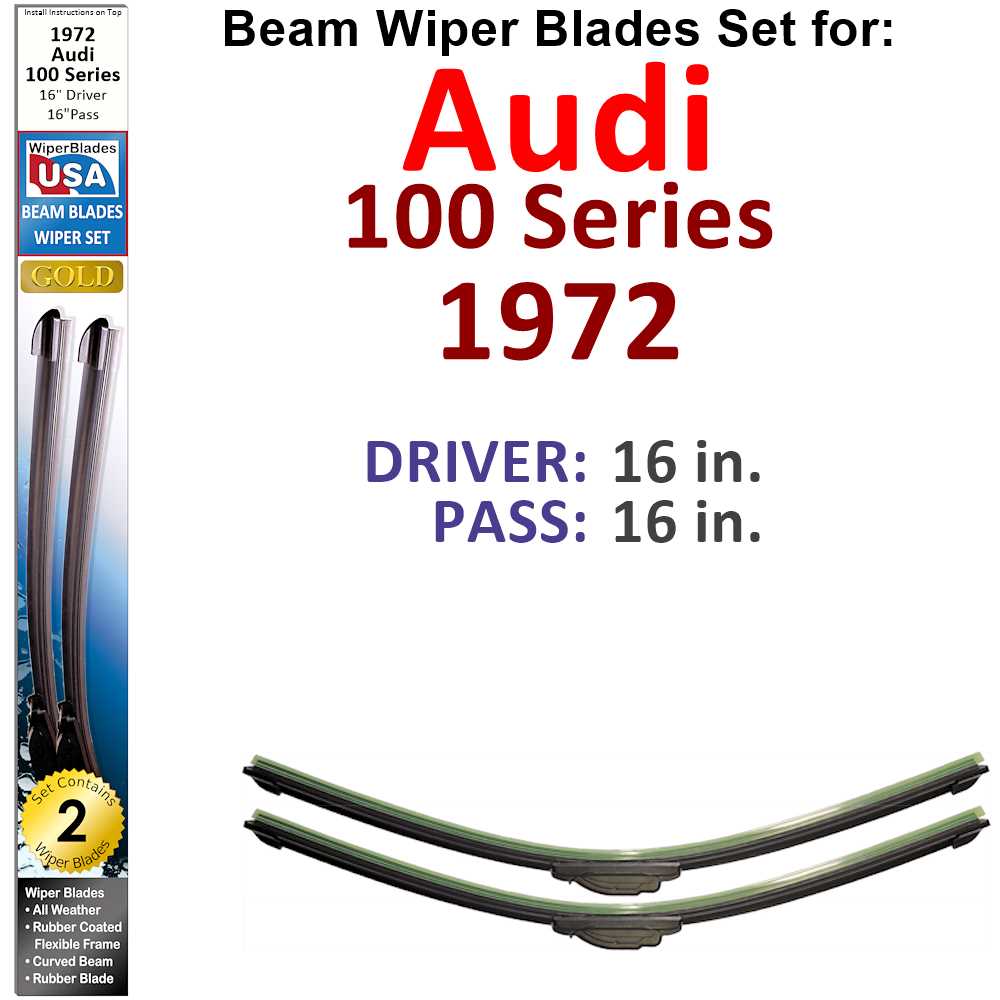 Set of two Beam Wiper Blades designed for 1972 Audi 100 Series, showcasing their flexible and durable construction.