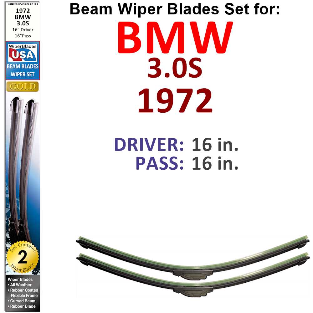 Set of two Beam Wiper Blades designed for 1972 BMW 3.0S, showcasing their flexible and sealed construction for optimal performance.