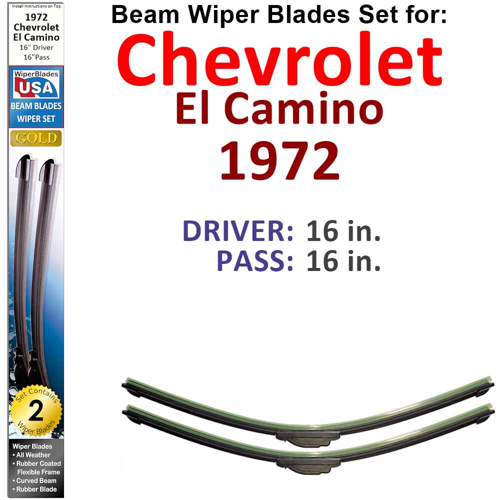 Set of two Beam Wiper Blades designed for 1972 Chevrolet El Camino, showcasing their flexible and durable construction.