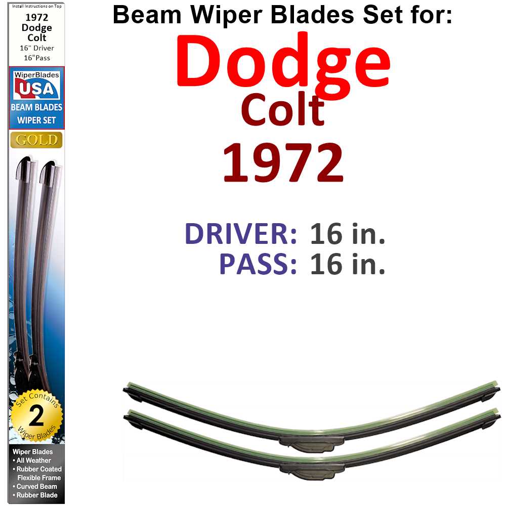 Set of two Beam Wiper Blades designed for 1972 Dodge Colt, showcasing their flexible and durable construction.