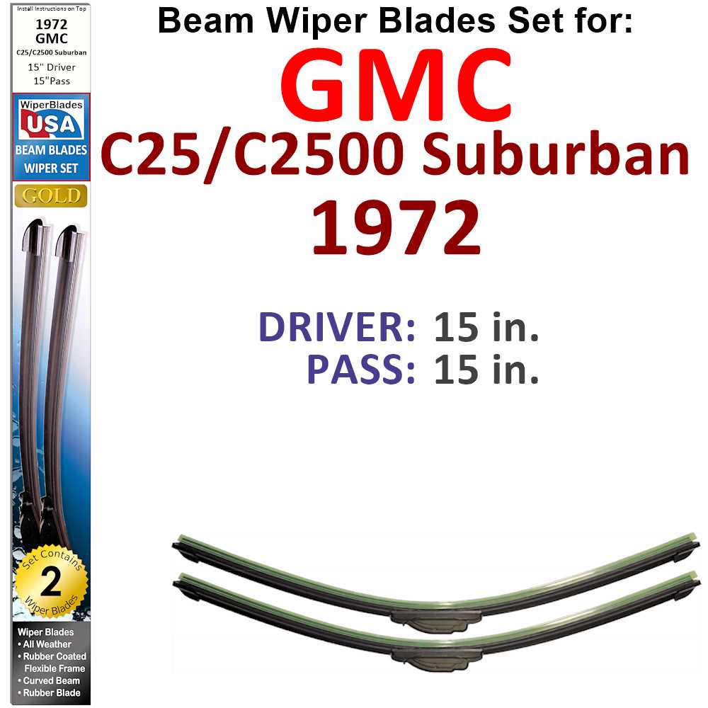 Set of two Beam Wiper Blades designed for 1972 GMC C25/C2500 Suburban, showcasing their flexible and durable construction.