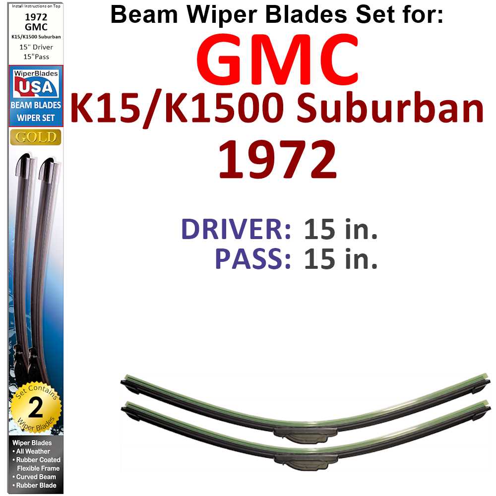 Set of 2 Beam Wiper Blades designed for 1972 GMC K15/K1500 Suburban, showcasing low-profile and flexible design for optimal windshield contact.