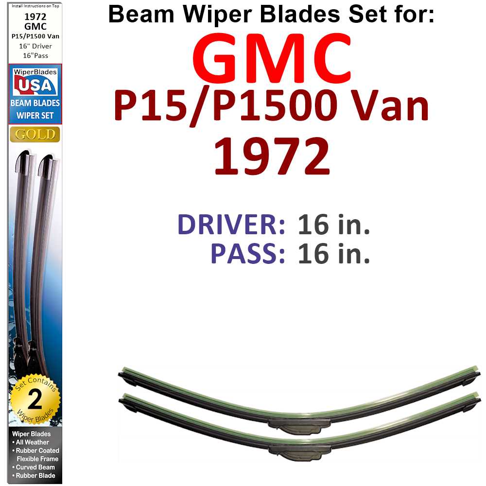 Set of 2 Beam Wiper Blades designed for 1972 GMC P15/P1500 Van, showcasing their flexible and durable design.