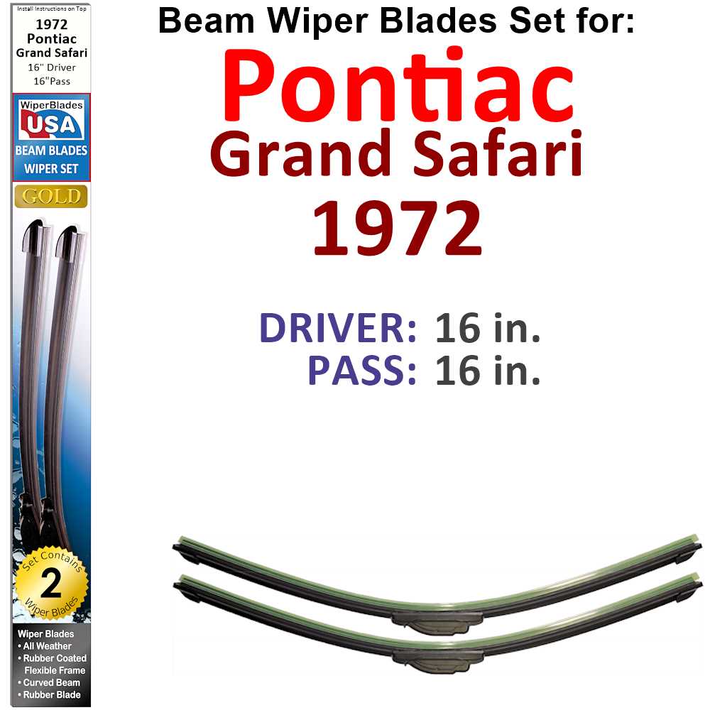 Set of 2 Beam Wiper Blades designed for 1972 Pontiac Grand Safari, showcasing their flexible and durable construction.