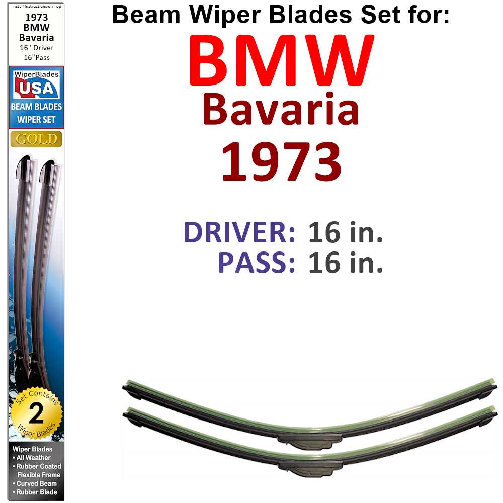 Set of two Beam Wiper Blades designed for 1973 BMW Bavaria, showcasing their sleek design and durable construction.