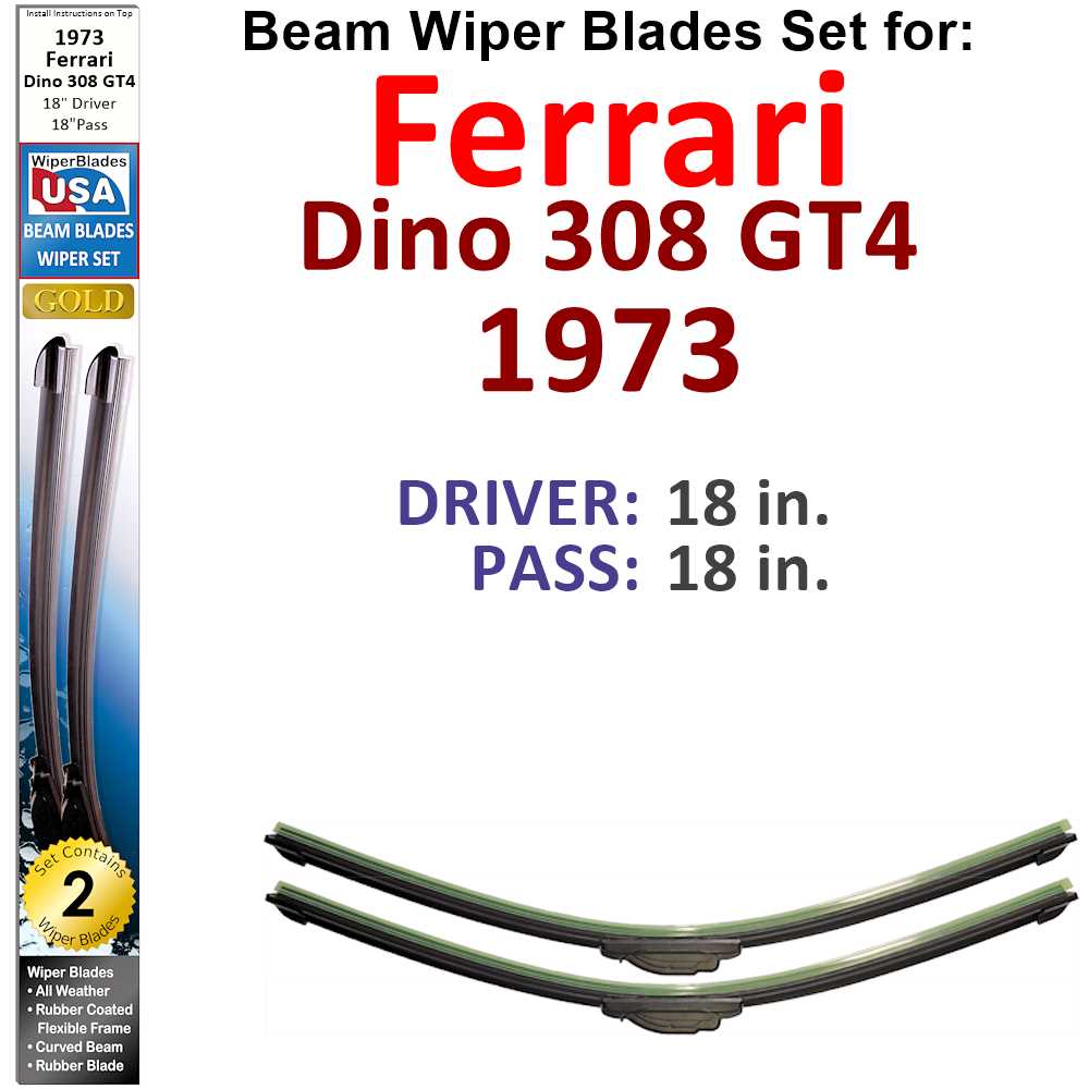 Set of 2 Beam Wiper Blades designed for 1973 Ferrari Dino 308 GT4, showcasing their sleek design and durable construction.