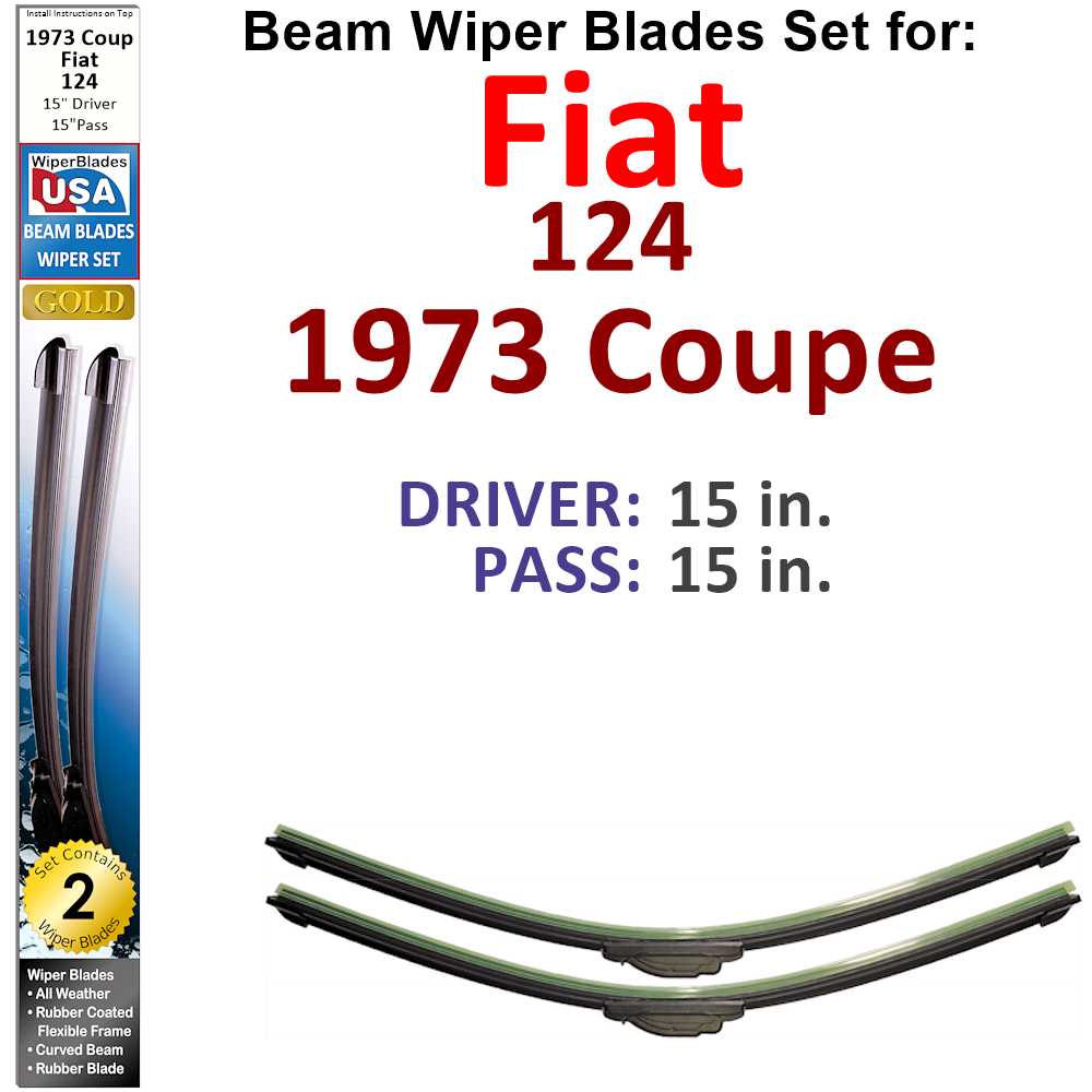 Set of 2 Beam Wiper Blades for 1973 Fiat 124 Coupe, showcasing their sleek design and durable construction.