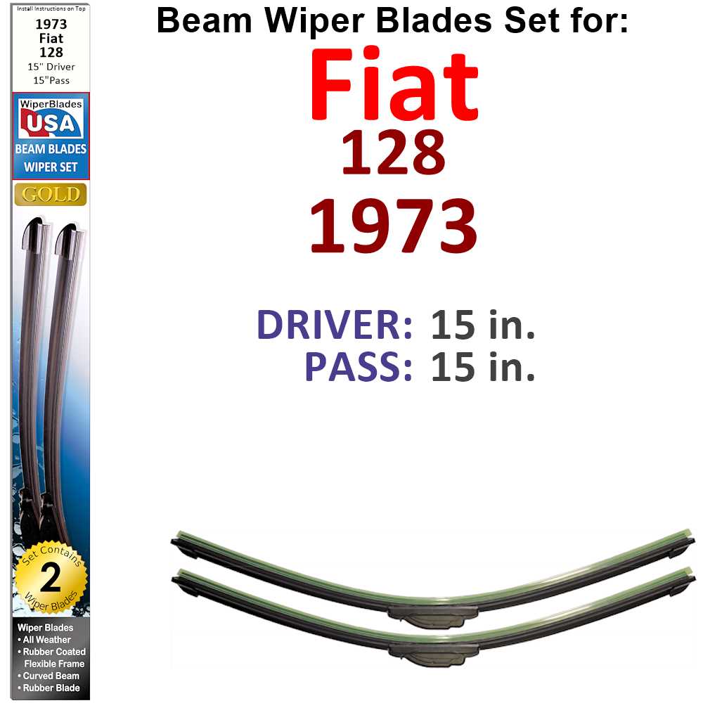 Set of two Beam Wiper Blades designed for 1973 Fiat 128, showcasing their sleek low-profile design and durable rubber construction.