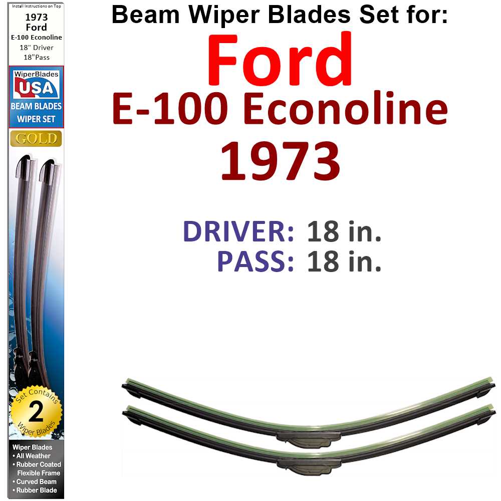 Set of two Beam Wiper Blades designed for 1973 Ford E-100 Econoline, showcasing their low-profile and flexible design.