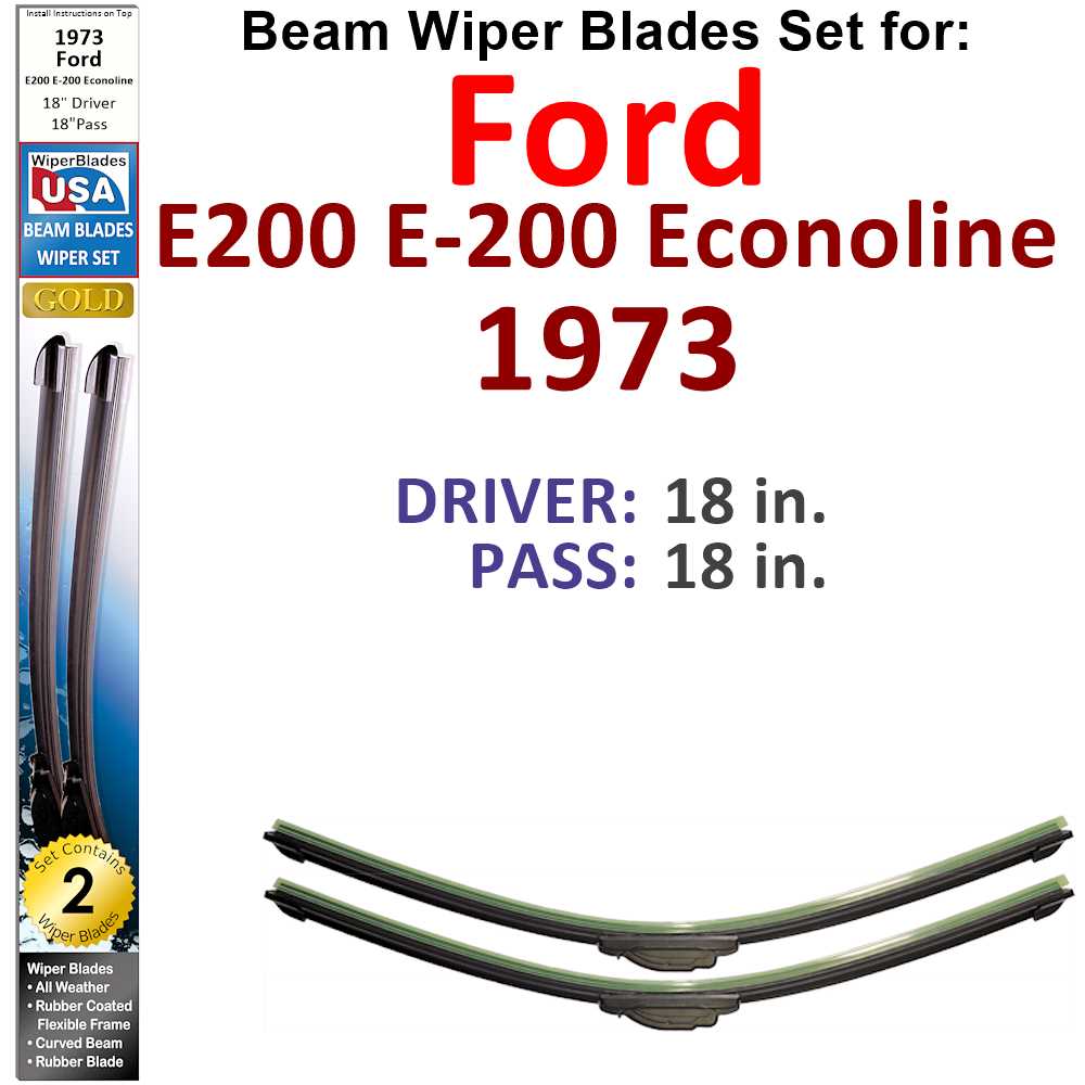 Set of 2 Beam Wiper Blades designed for 1973 Ford E200 E-200 Econoline, showcasing their flexible and durable construction.