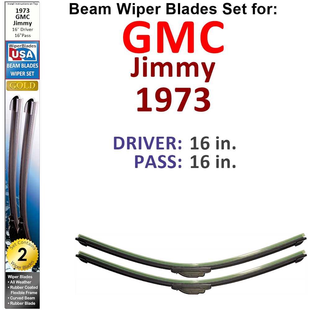 Set of 2 Beam Wiper Blades designed for 1973 GMC Jimmy, showcasing their flexible and durable construction.