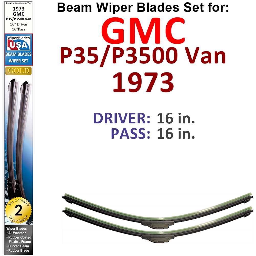 Set of two Beam Wiper Blades designed for 1973 GMC P35/P3500 Van, showcasing their flexible and low-profile design.