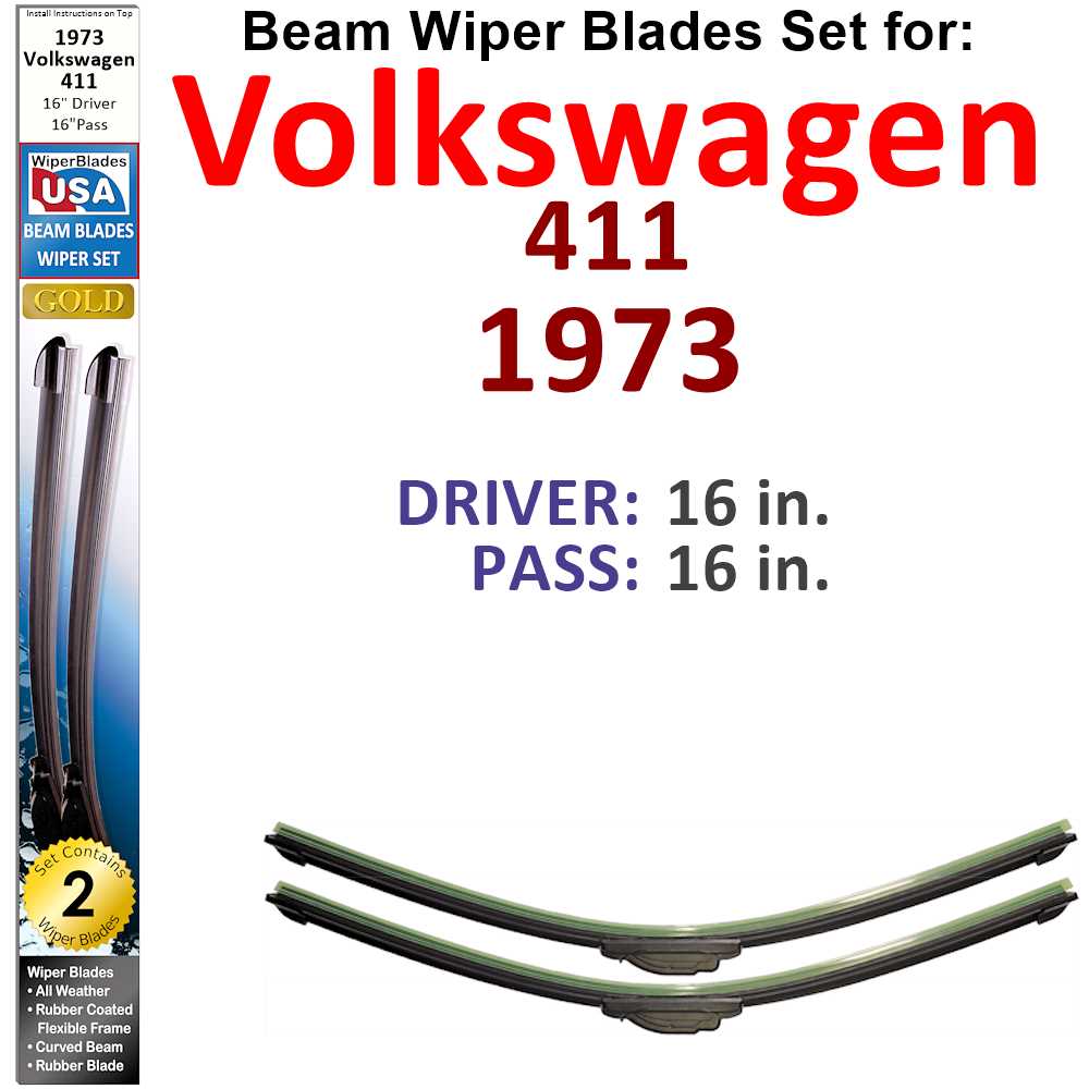 Set of two Beam Wiper Blades designed for 1973 Volkswagen 411, showcasing their flexible and sealed construction for optimal windshield cleaning.