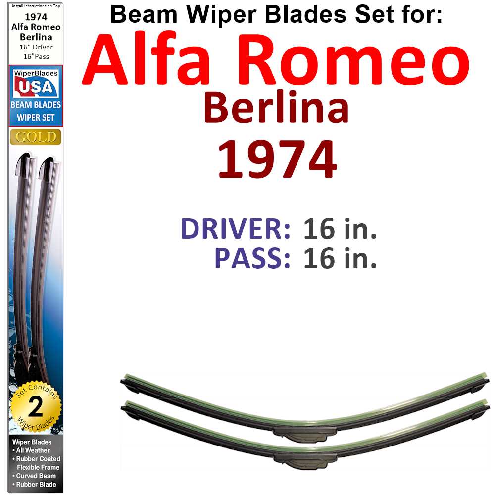 Set of two Beam Wiper Blades designed for 1974 Alfa Romeo Berlina, showcasing their sleek design and durable construction.