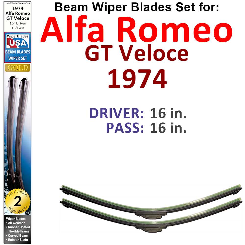 Set of two Beam Wiper Blades designed for 1974 Alfa Romeo GT Veloce, showcasing their sleek design and rubber-encased metal spine.