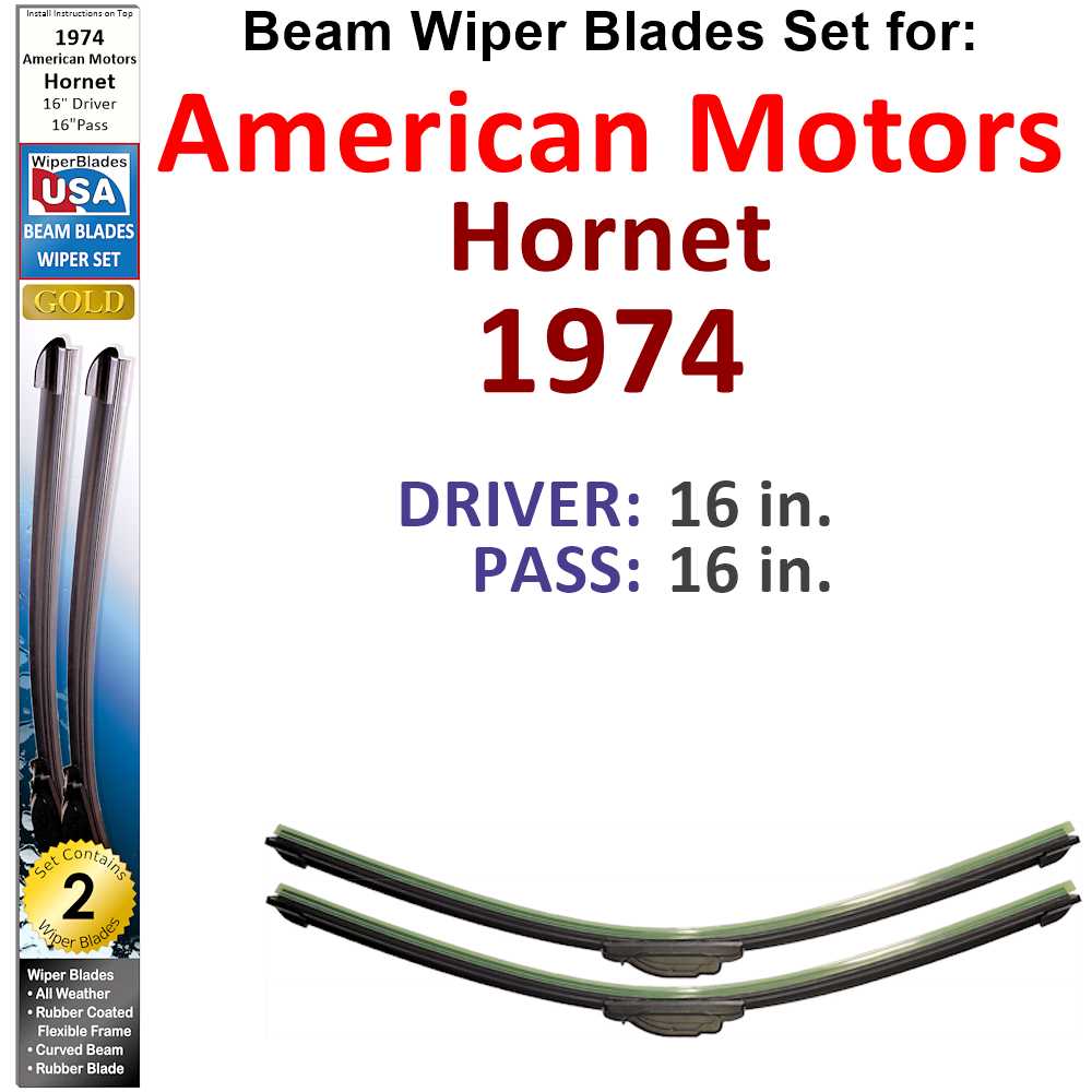 Set of 2 Beam Wiper Blades designed for 1974 American Motors Hornet, showcasing their flexible and durable construction.