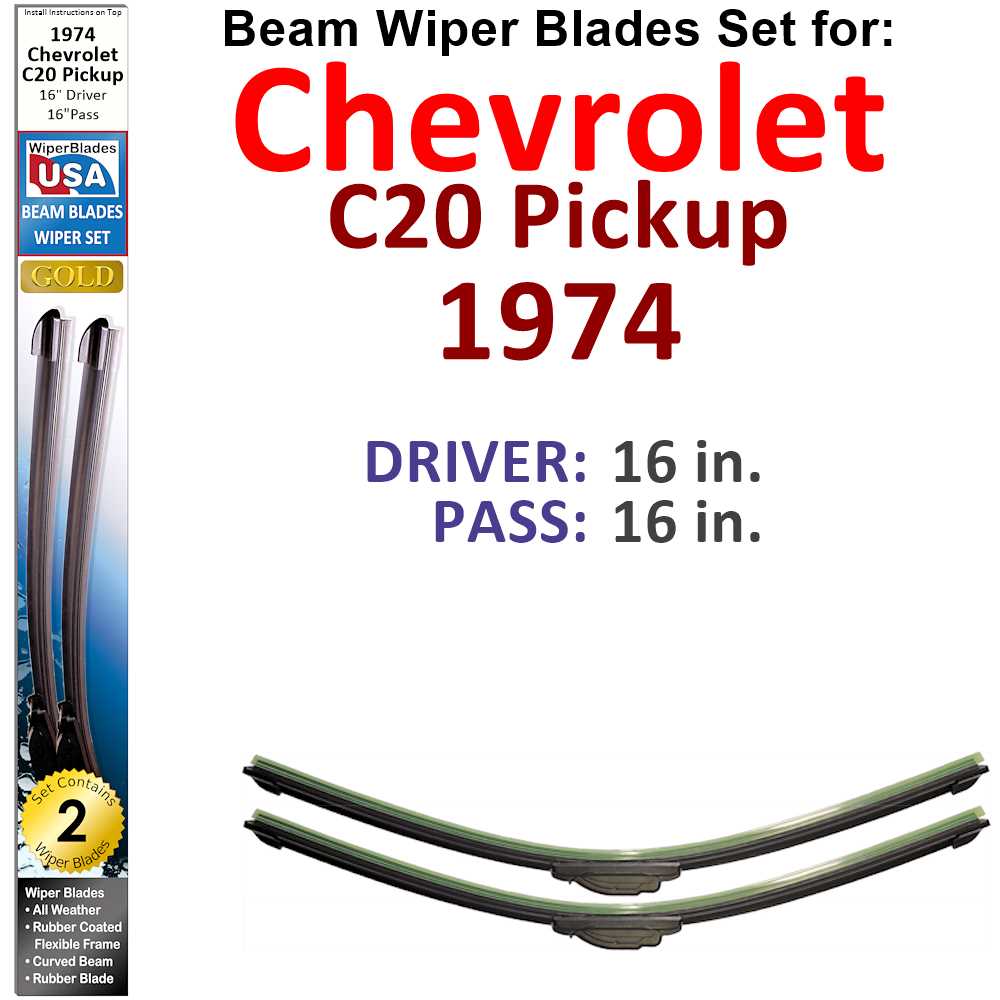 Set of 2 Beam Wiper Blades designed for 1974 Chevrolet C20 Pickup, showcasing their flexible and durable construction.