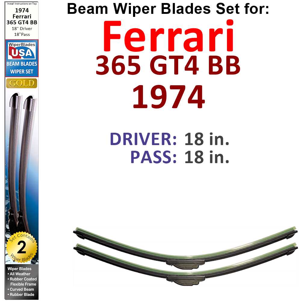 Set of 2 Beam Wiper Blades designed for 1974 Ferrari 365 GT4 BB, showcasing their sleek design and durable construction.