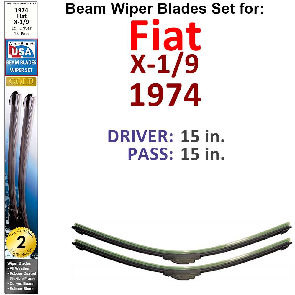 Set of two Beam Wiper Blades designed for 1974 Fiat X-1/9, showcasing their flexible and durable construction.