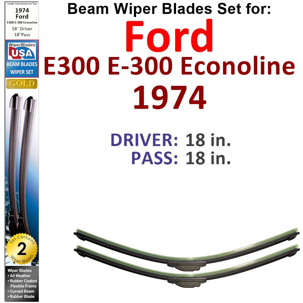 Set of 2 Beam Wiper Blades for 1974 Ford E300, showcasing their flexible design and rubber-encased metal spine.