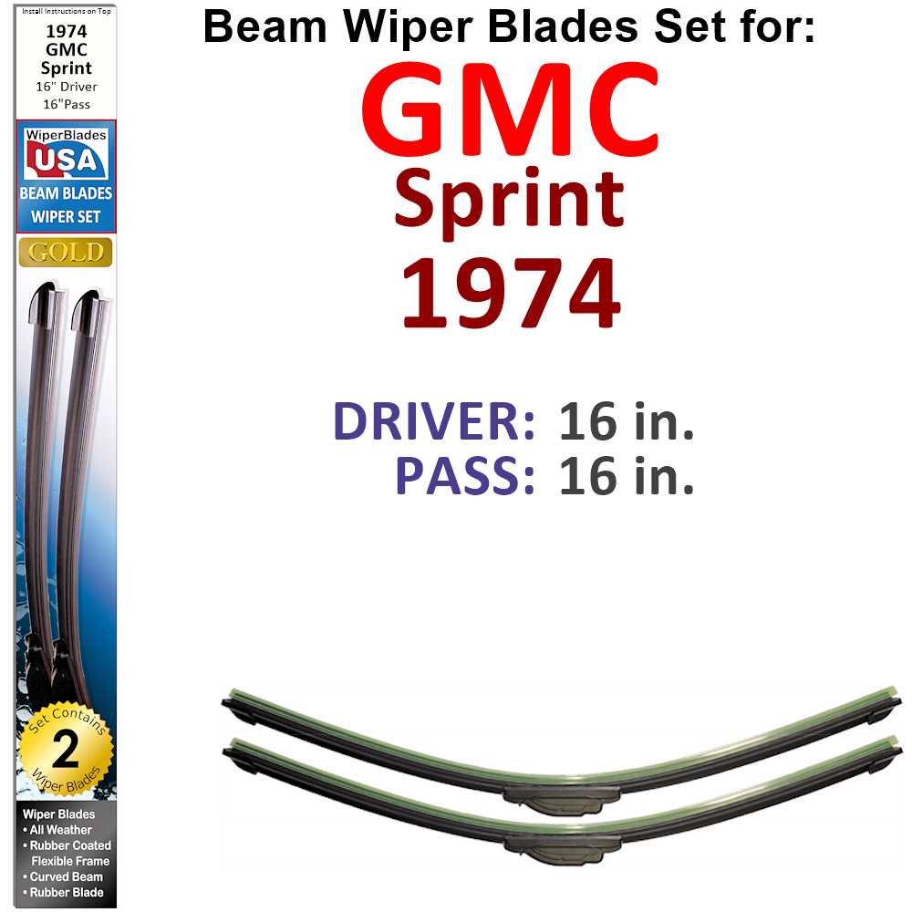 Set of two Beam Wiper Blades designed for 1974 GMC Sprint, showcasing their flexible and durable design.