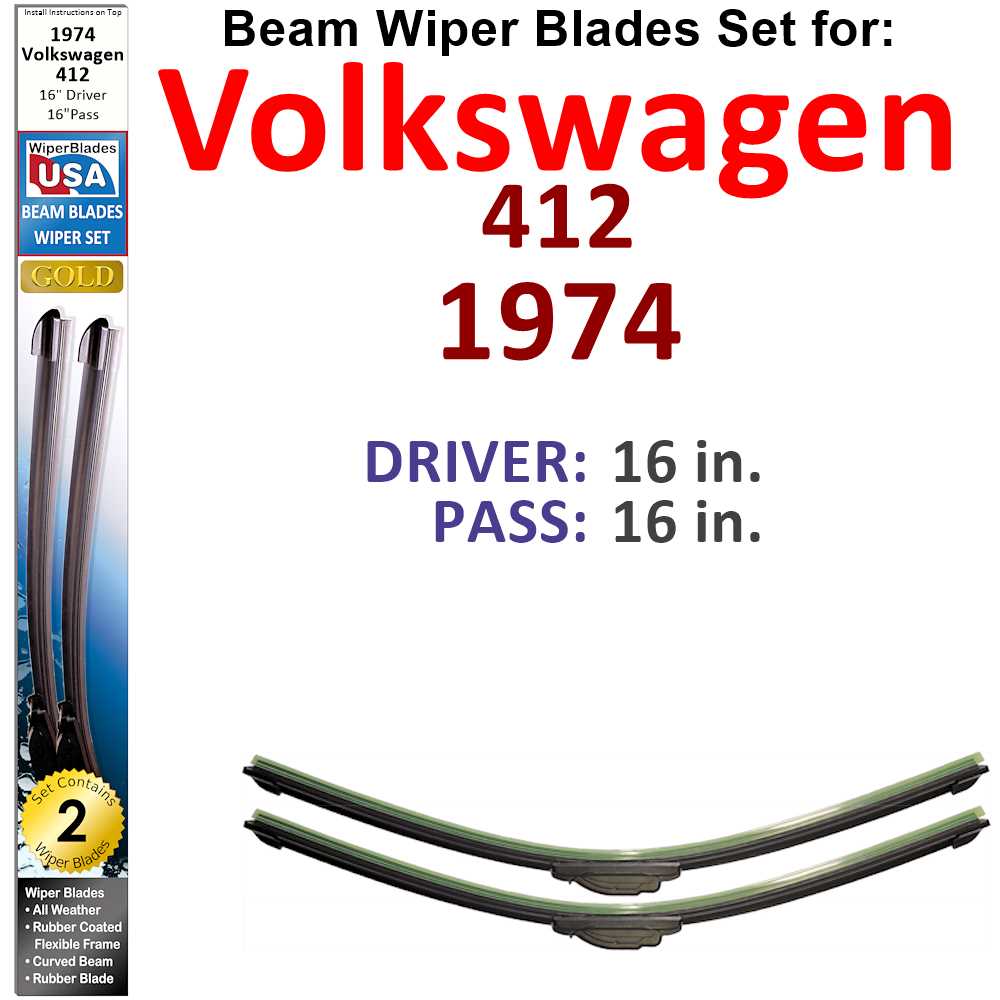 Set of two Beam Wiper Blades designed for 1974 Volkswagen 412, showcasing their flexible and durable construction.