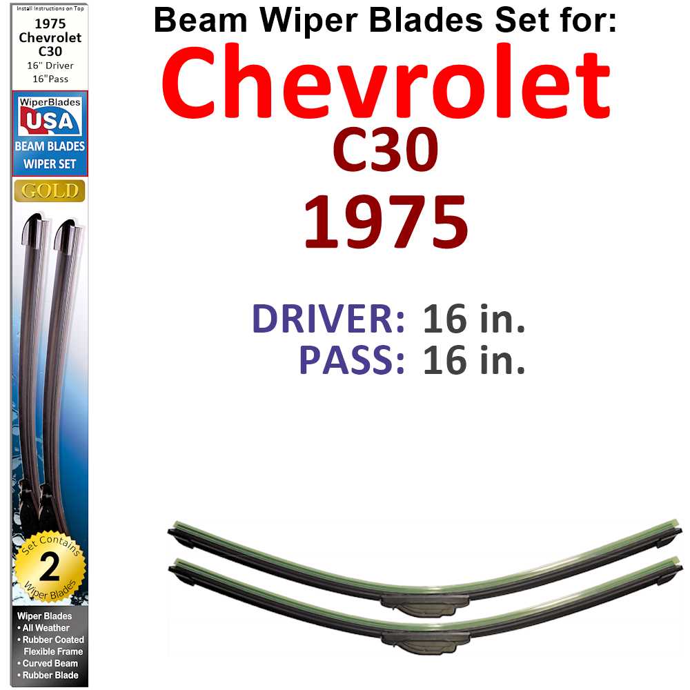 Set of 2 Beam Wiper Blades designed for 1975 Chevrolet C30, showcasing their flexible and durable construction.