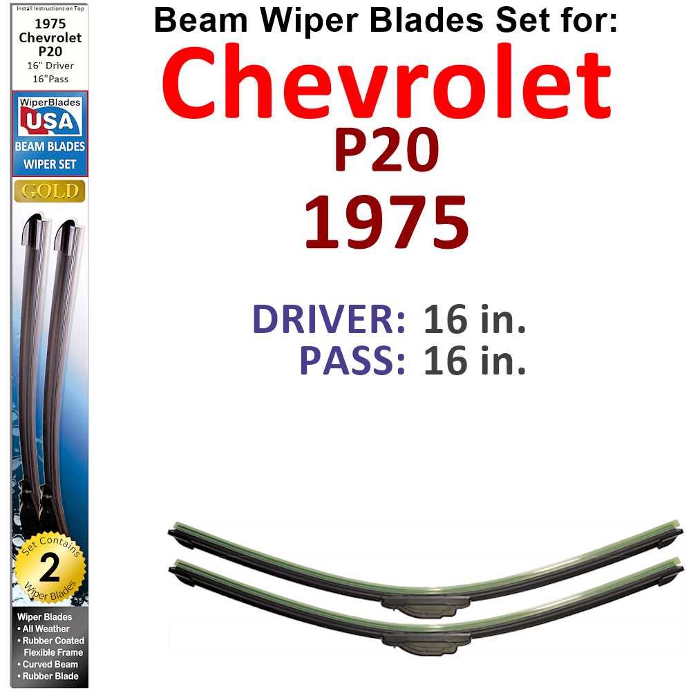 Set of two Beam Wiper Blades designed for 1975 Chevrolet P20, showcasing their flexible and durable construction.