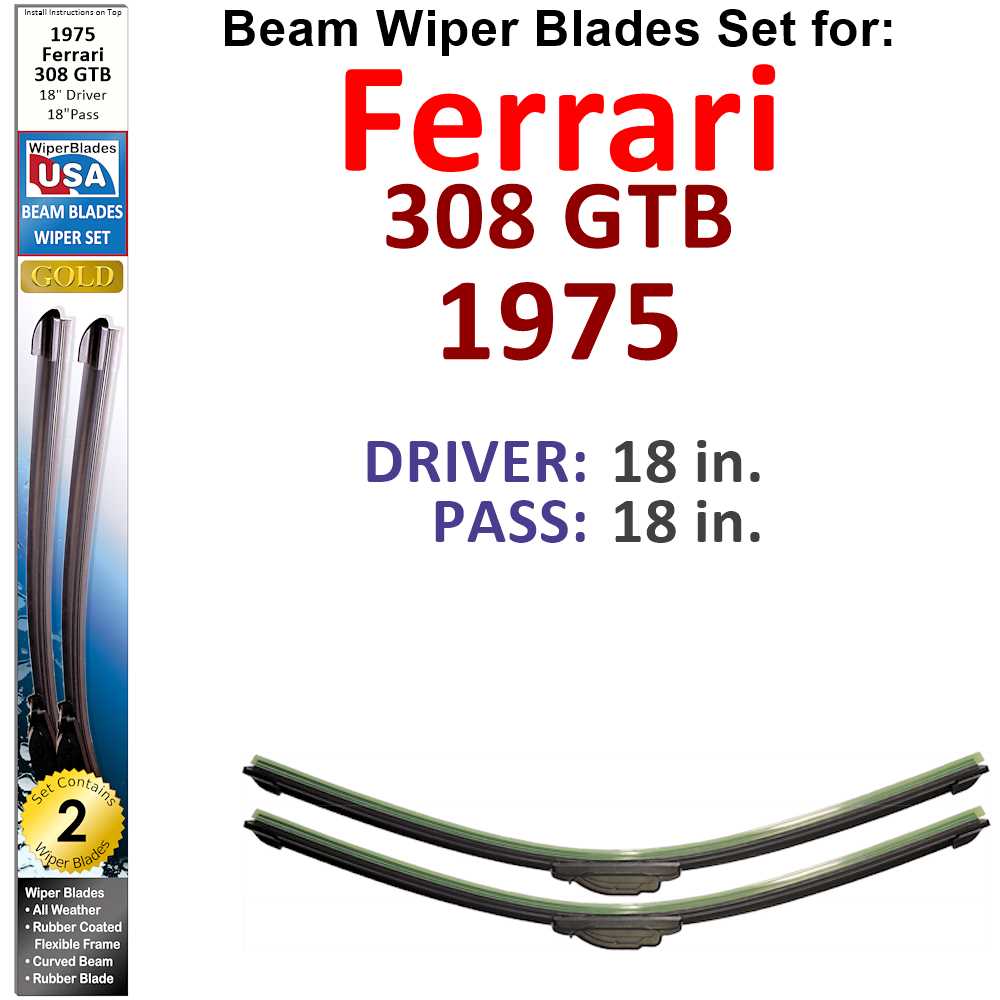 Set of 2 Beam Wiper Blades designed for 1975 Ferrari 308 GTB, showcasing their sleek low-profile design and durable construction.