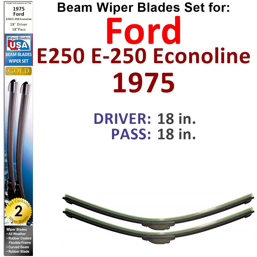 Set of 2 Beam Wiper Blades designed for 1975 Ford E250 E-250 Econoline, showcasing their flexible and durable construction.