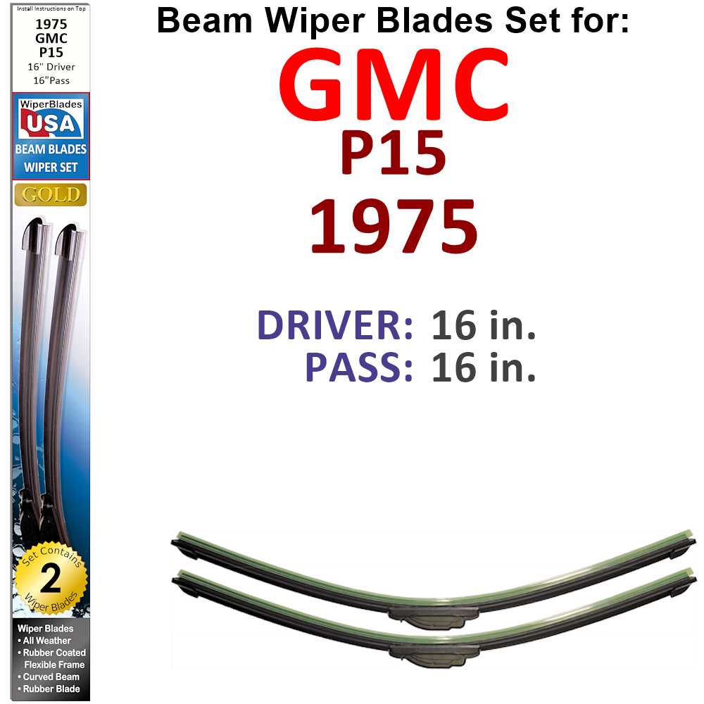 Set of 2 Beam Wiper Blades designed for 1975 GMC P15, showcasing their flexible and durable construction.