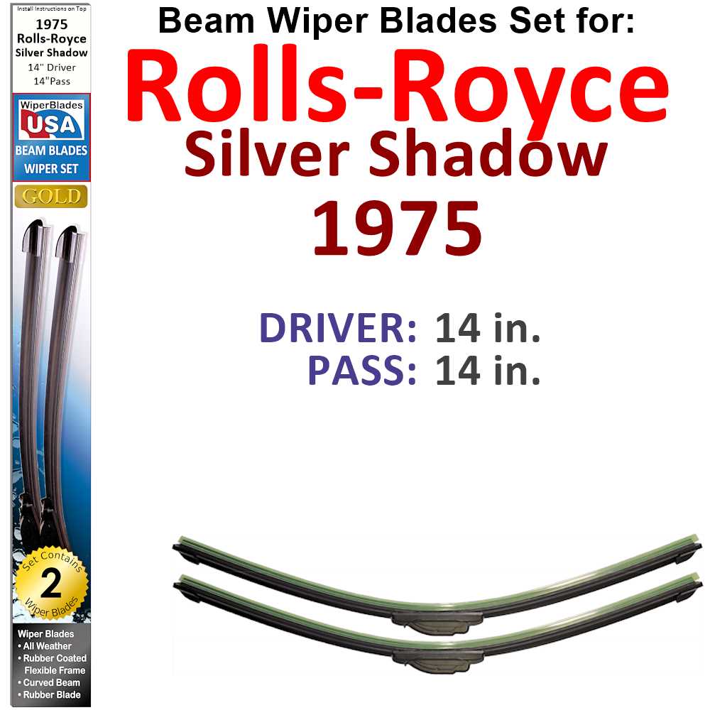 Set of two Beam Wiper Blades designed for 1975 Rolls-Royce Silver Shadow, showcasing their sleek design and rubber-encased metal spine.