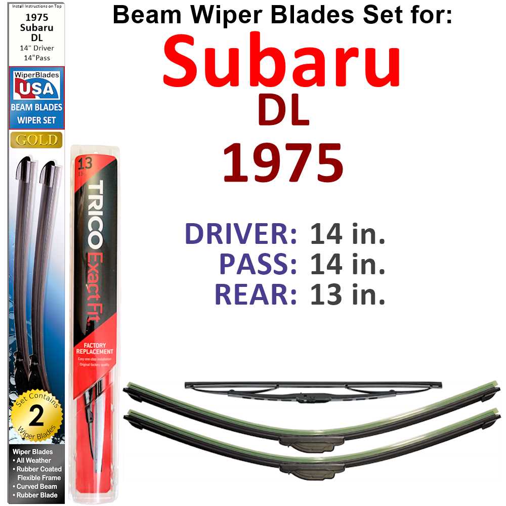 Set of 3 Beam Wiper Blades designed for 1975 Subaru DL, showcasing their flexible and durable construction.